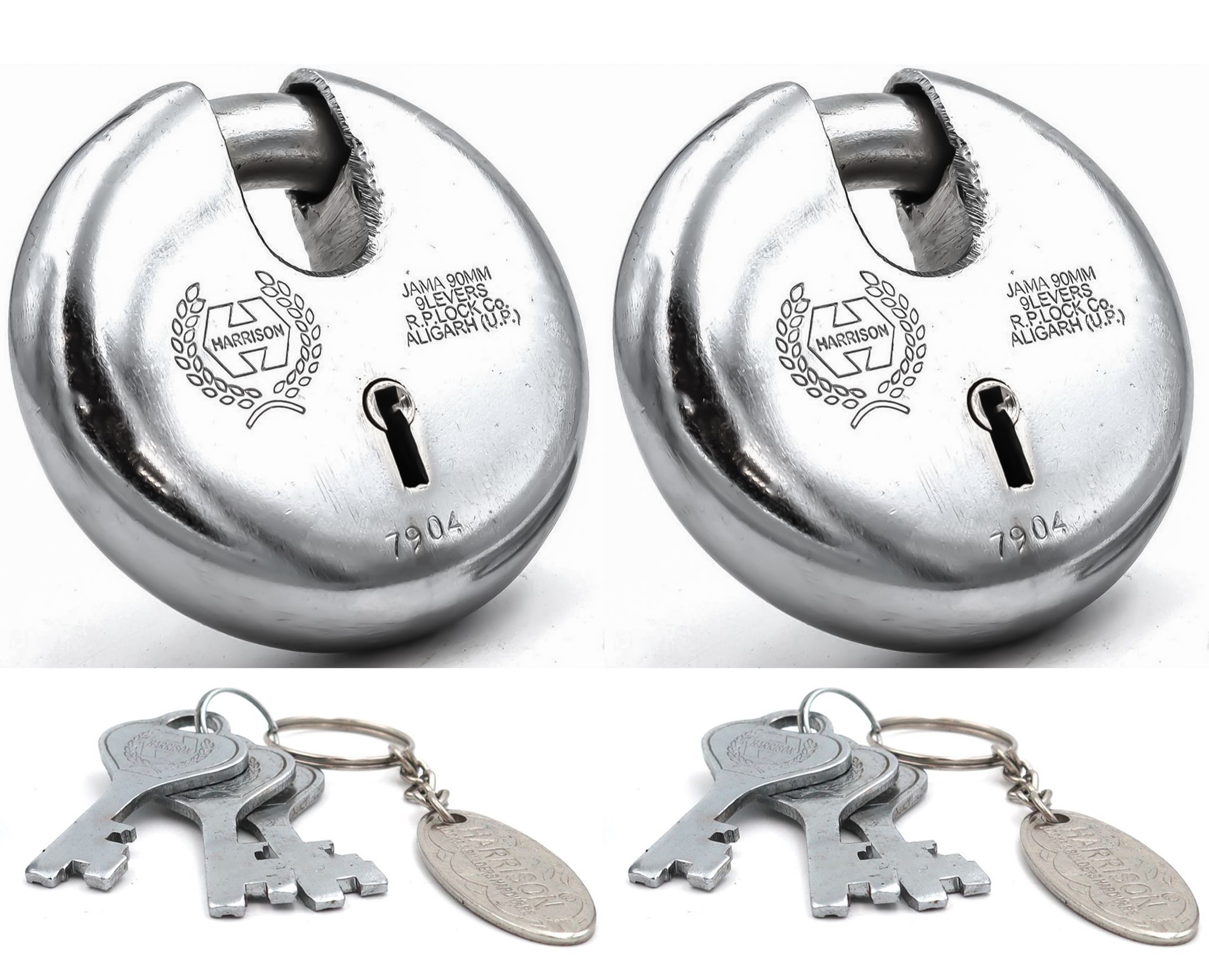 Harrison Padlocks/Round Padlock 90mm 8 Lever with 3 Keys JAMA-0022 Pack of 2/ Mild Steel Material/Bright Chrome Plated Finish/Door Lock, Shutter Lock, Godown Lock, gate Lock
