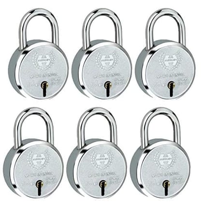 Harrison Padlocks/Round Padlock 50mm 6 Lever with 3 Keys J-SUPREME-0656 Pack of 6/ Mild Steel Material/Bright Chrome Polished Finish/Door Lock, Shutter Lock, Godown Lock, gate Lock
