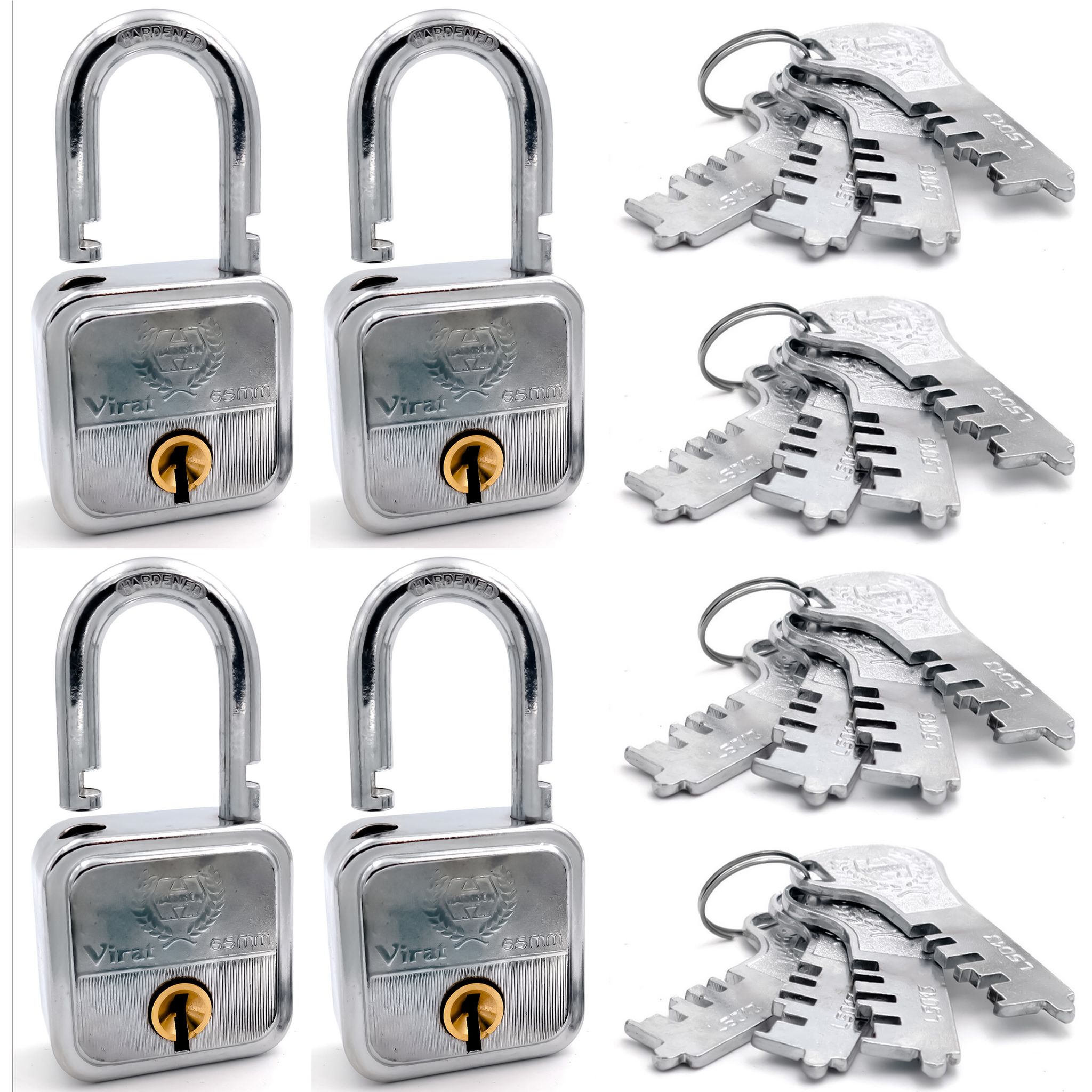 Harrison Padlocks/Square Padlock 65mm 8 Lever with 4 Keys VIRAT-0580 Pack of 4/ Mild Steel Material/Bright Chrome Plated Finish/Door Lock, Shutter Lock, Godown Lock, gate Lock