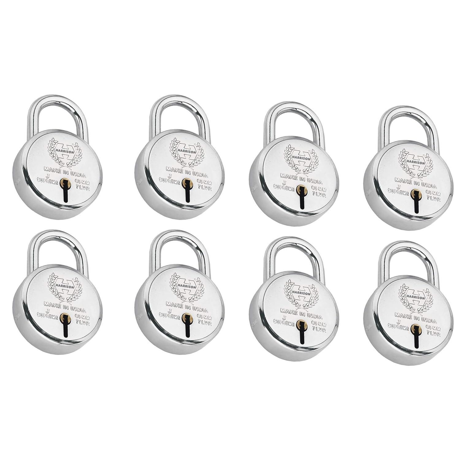 Harrison Padlocks/Round Padlock 65mm 7 Lever with 3 Keys J-SUPREME-0643 Pack of 8/ Mild Steel Material/Bright Chrome Polished Finish/Door Lock, Shutter Lock, Godown Lock, gate Lock