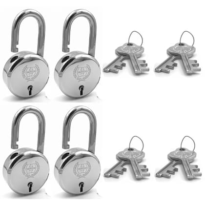 Harrison Padlocks/Round Padlock 60mm 6 Lever with 2 Keys J-6-0264 Pack of 4/ Mild Steel Material/Bright Chrome Polished Finish/Door Lock, Shutter Lock, Godown Lock, gate Lock