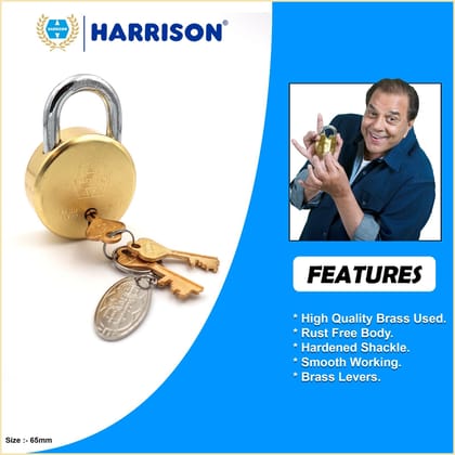 Harrison Padlocks/Round Padlock 65mm 8 Lever with 3 Keys MP3-0053 Pack of 4/ Brass Material/Brass Lacquer Finish/Door Lock, Shutter Lock, Godown Lock, gate Lock