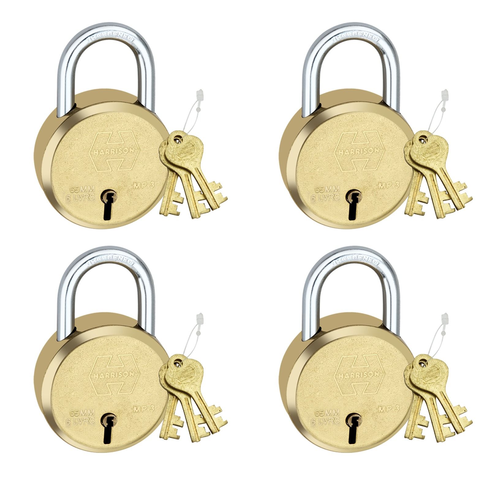 Harrison Padlocks/Round Padlock 65mm 8 Lever with 3 Keys MP3-0053 Pack of 4/ Brass Material/Brass Lacquer Finish/Door Lock, Shutter Lock, Godown Lock, gate Lock