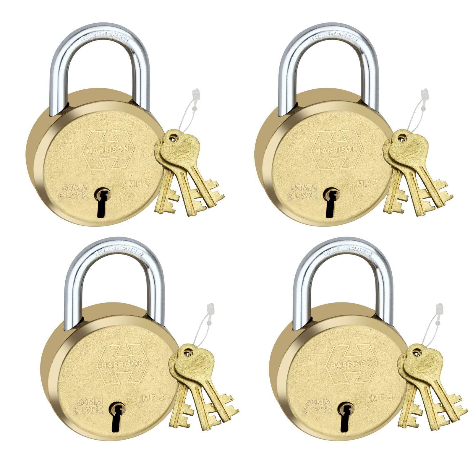 Harrison Padlocks/Round Padlock 50mm 6 Lever with 3 Keys MP3-0054 Pack of 4/ Brass Material/Brass Lacquer Finish/Door Lock, Shutter Lock, Godown Lock, gate Lock