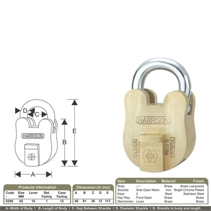 Harrison Padlocks / Round Padlock 65mm 10 Lever With 2 Keys CHURIDAR-0269/ Brass Material/ Brass Lacquer Finish/door lock, shutter lock, godown lock, gate lock