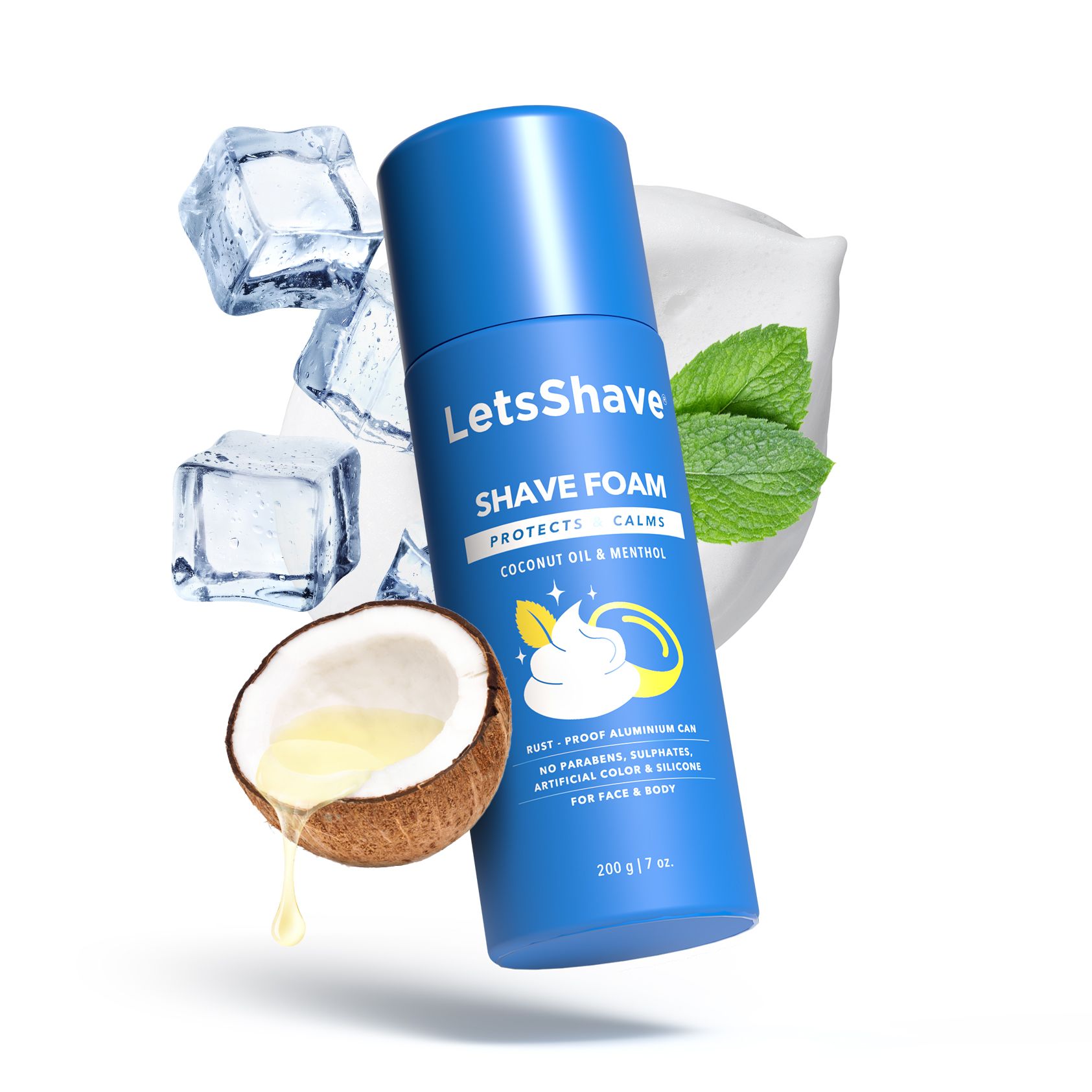 LetsShave Shave Sensitive Foam Menthol for Men - Coconut Oil Enriched - 200 g | Shaving Foam with Skin Nourishing Agents | Shave Foam for Sensitive Skin | No artificial color and No alcohol