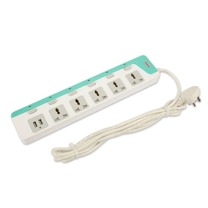 Croma 6 Amps 5 Sockets Surge Protector With Individual Switch (2 Meters, 2 USB Port, Blue)