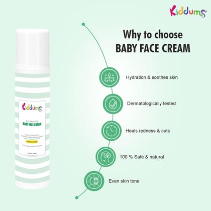 Kiddums Baby Face Cream | Hydrating Moisturizer for Face | Ultra-lightweight, gel-cream | With Aloevera, Carrot Oil & Red Rasberry Face Moisturizer for Dry Skin, Oil-Free - 50Ml