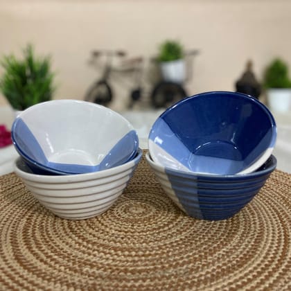 Ceramic Dining Half-Cut Blue & White Designer Ceramic Dinner Bowls Set of 4