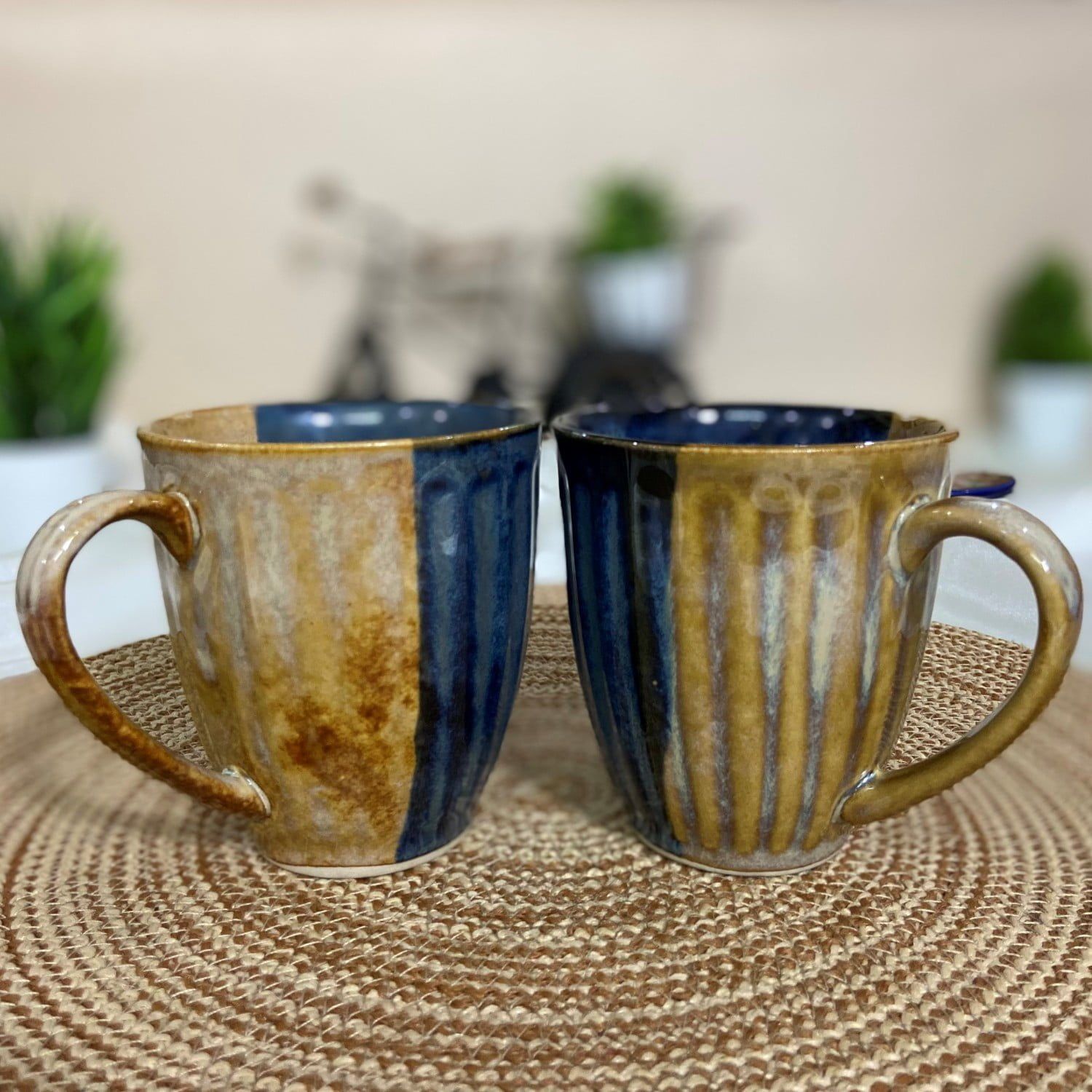 Ceramic Dining Studio Collection Half-Cut Blue & Brown Hand-Glazed Coffee Mugs Set of 2