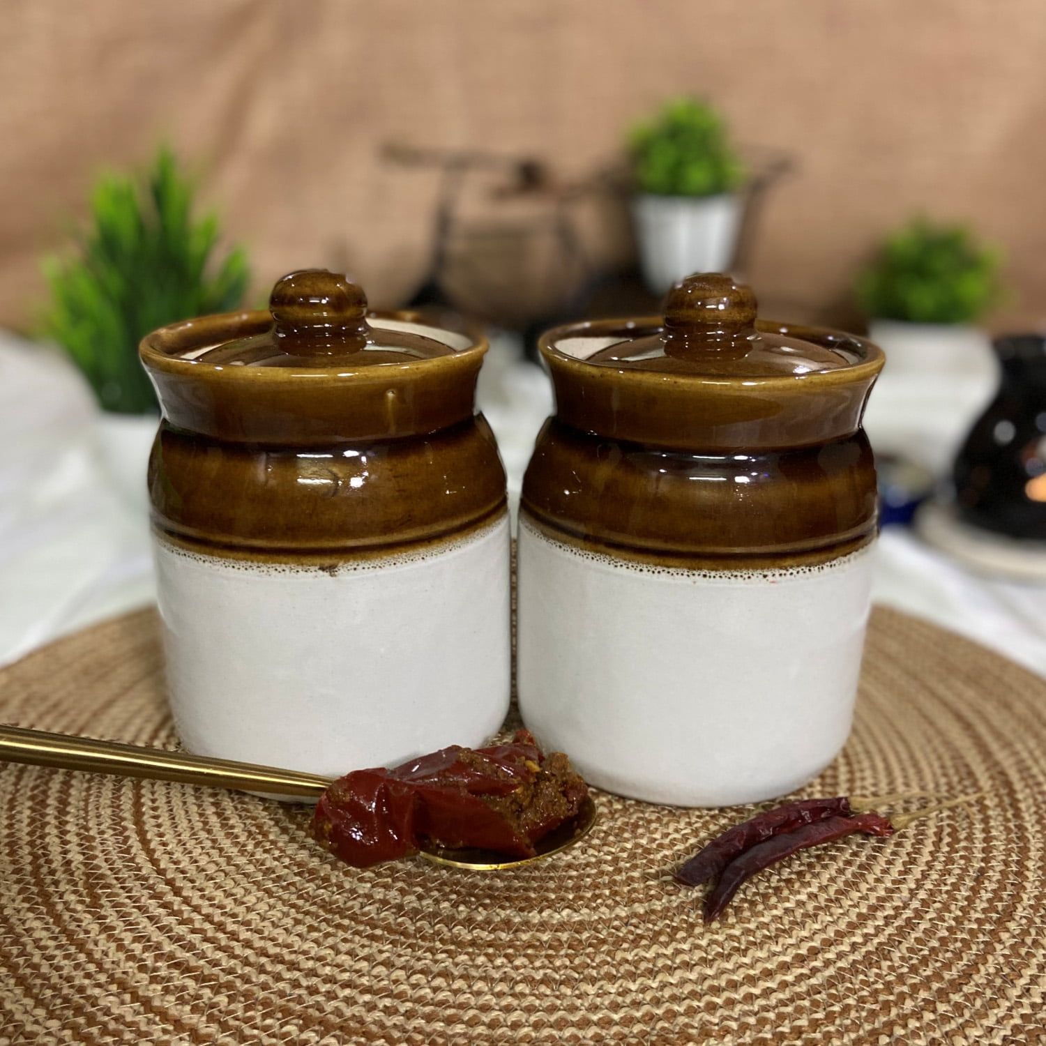 Ceramic Dining Desi Style Mustard Ceramic 500ml Pickle Jars Set of 2