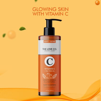 THE LOVE CO Vitamin C & Tea Tree Oil Face Wash - Foaming Cleanser for Instant Glow & De-Tan, Suitable for All Skin Types, 100% Vegan, 200ml