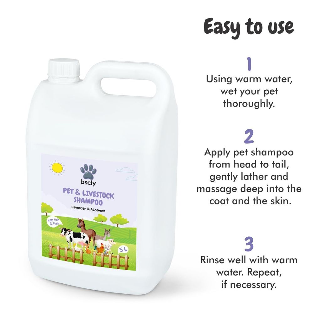 Bscly Pet & Livestock Dog Shampoo with Enriched with Lavender & Aloevera - Moisturizes & Heals Skin - Suitable for Pomeranians to Golden Retrievers - 5 LTR