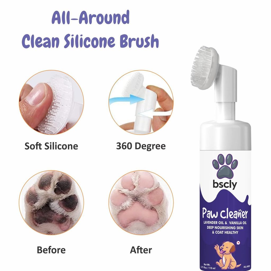 Bscly Paw Cleaner with Lavender & Vanilla for Dog Cat Waterless Foot Scrubber Cleaning Foam with Silicone Washer Brush - 120ml