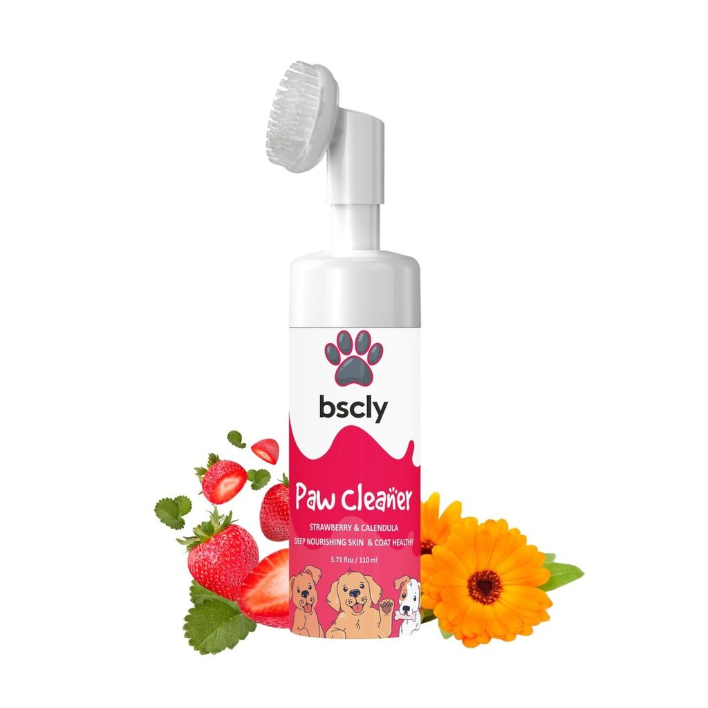 Bscly Paw Cleaner with Strawberry & Calendula for Dog Cat Waterless Foot Scrubber Cleaning Foam with Silicone Washer Brush - 120ml