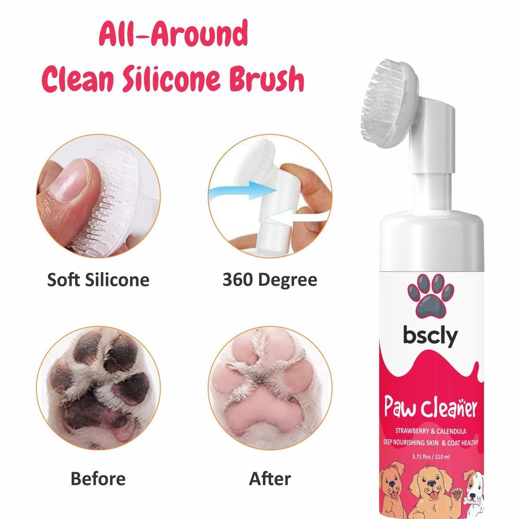 Bscly Paw Cleaner with Strawberry & Calendula for Dog Cat Waterless Foot Scrubber Cleaning Foam with Silicone Washer Brush - 120ml