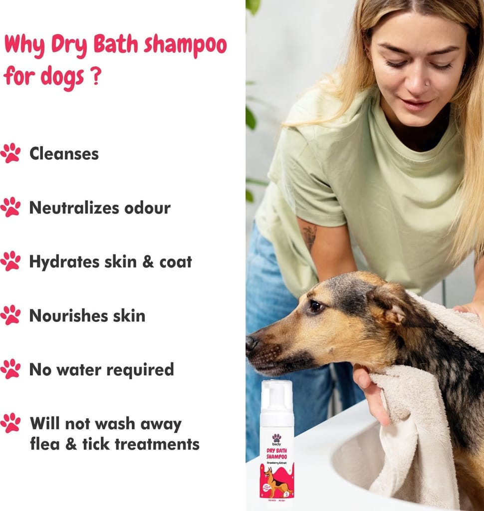 Bscly Dry Bath Foaming Shampoo with Strawberry | Dog Shampoo for Pomeranian, Shih tzu Puppy, German Shepherd, Labrador & Golden Retriever, Dogs Shampoo | 120ml