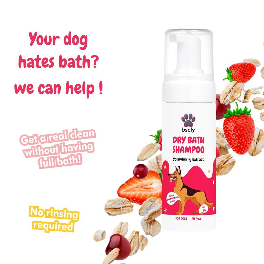 Bscly Dry Bath Foaming Shampoo with Strawberry | Dog Shampoo for Pomeranian, Shih tzu Puppy, German Shepherd, Labrador & Golden Retriever, Dogs Shampoo | 120ml