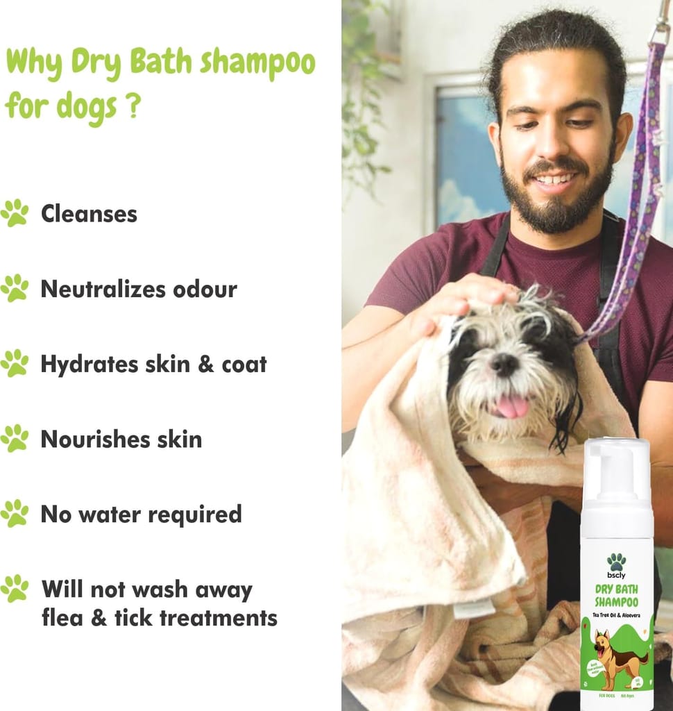 Bscly Dry Bath Foaming Shampoo with Tea Tree | Dog Shampoo for Pomeranian, Shih tzu Puppy, German Shepherd, Labrador & Golden Retriever, Dogs Shampoo | 120ml