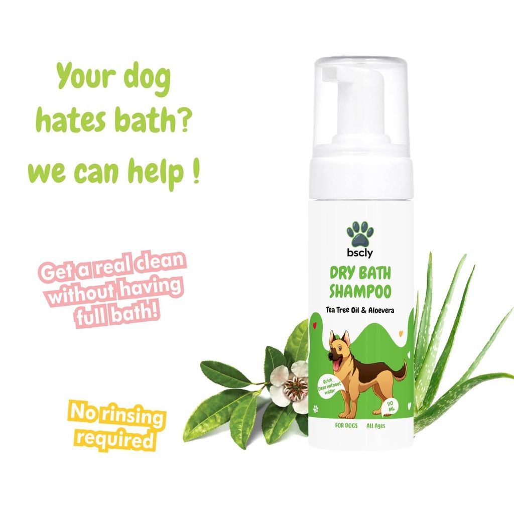 Bscly Dry Bath Foaming Shampoo with Tea Tree | Dog Shampoo for Pomeranian, Shih tzu Puppy, German Shepherd, Labrador & Golden Retriever, Dogs Shampoo | 120ml