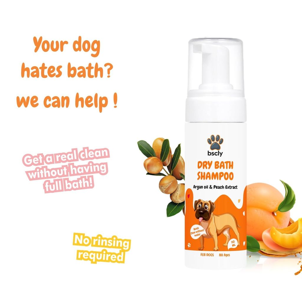Bscly Dry Bath Foaming Shampoo with Peach | Dog Shampoo for Pomeranian, Shih tzu Puppy, German Shepherd, Labrador & Golden Retriever, Dogs Shampoo | 120ml