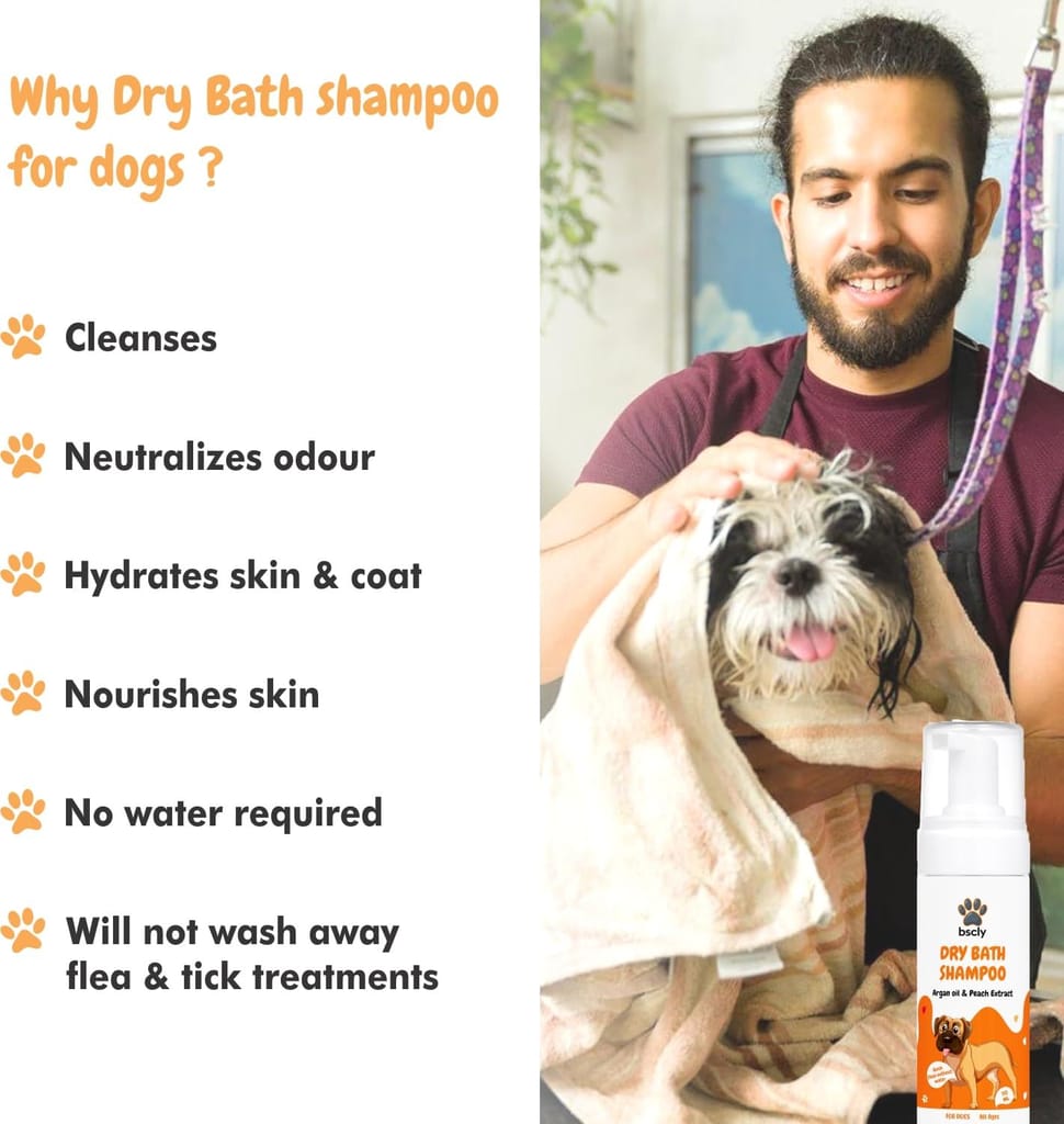 Bscly Dry Bath Foaming Shampoo with Peach | Dog Shampoo for Pomeranian, Shih tzu Puppy, German Shepherd, Labrador & Golden Retriever, Dogs Shampoo | 120ml