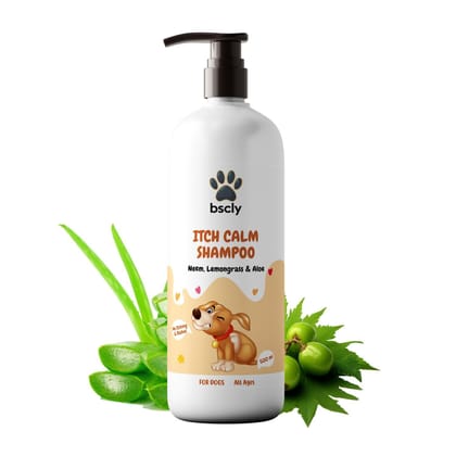Bscly Itch Calm Dog Shampoo with Neem, Lemongrass & Aloe | Dog Shampoo for Pomeranian, Shih tzu Puppy, German Shepherd, Labrador & Golden Retriever, Dogs Shampoo | 500ml