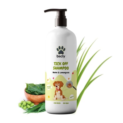 Bscly Tick Off Dog Shampoo 500ml |Ticks & Fleas Prevention | Enriched with Neem & Lemongrass | Moisturizes & Heals Skin | Suitable for Pomeranians to Golden Retrievers
