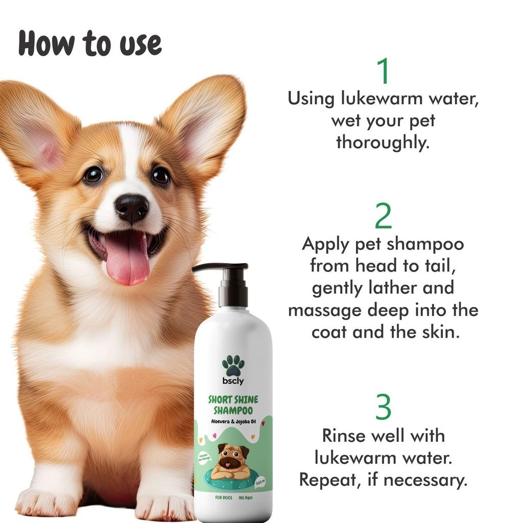 Bscly Short Shine Dog Shampoo 500ml | Enriched with Aloe Vera & Jojoba Oil | Moisturizes & Heals Skin | Suitable for Pomeranians to Golden Retrievers