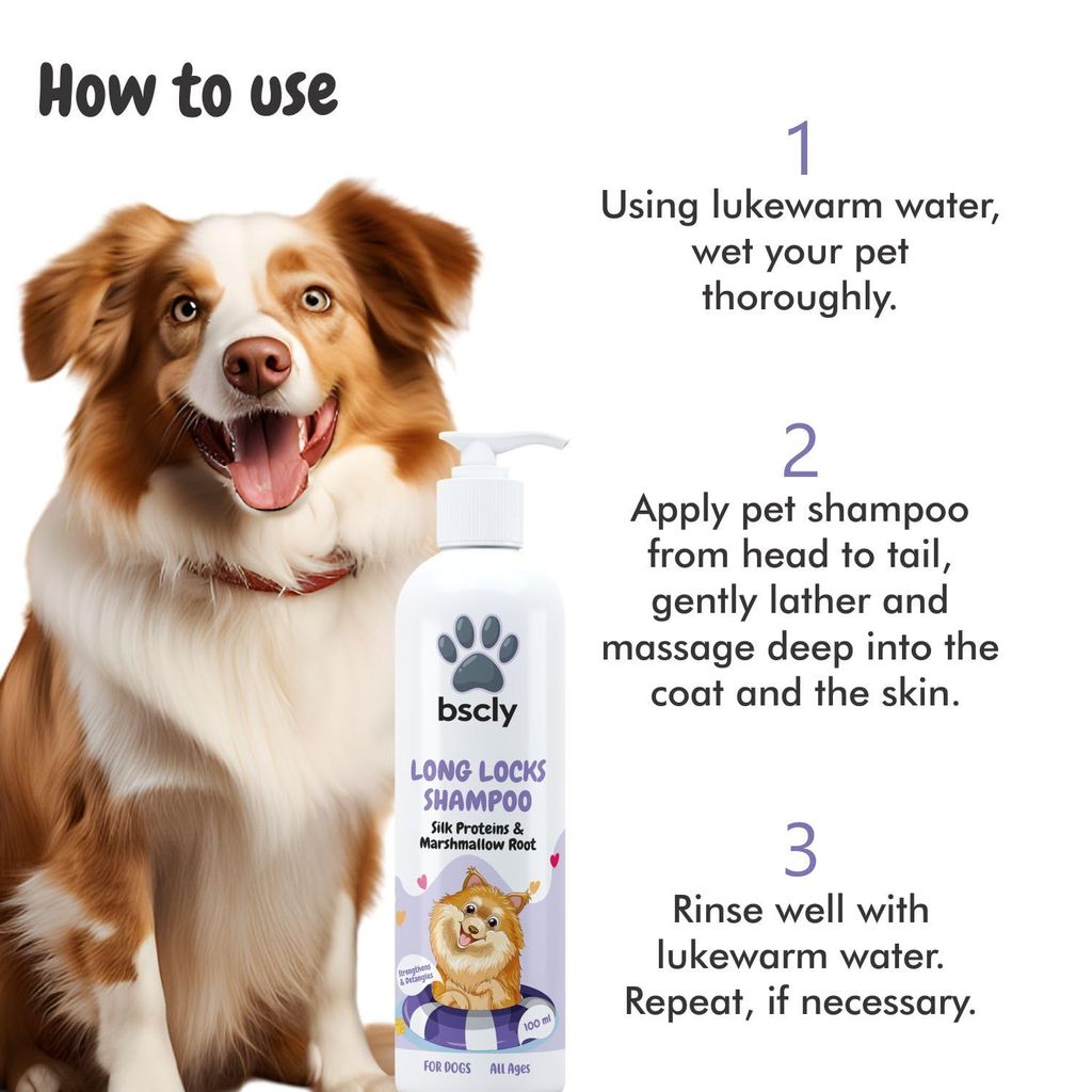 Bscly Long Locks Dog Shampoo with Green Tea & Aloevera | Dog Shampoo for Pomeranian, Shih tzu Puppy, German Shepherd, Labrador & Golden Retriever, Dogs Shampoo | 100ml
