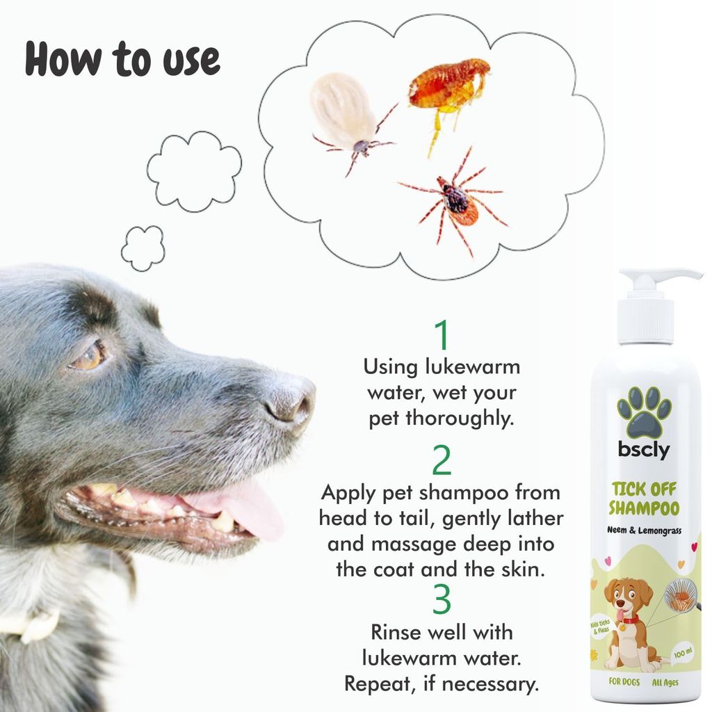 Bscly Tick Off Dog Shampoo - 100ml Ticks & Fleas Prevention - Enriched with Neem & Lemongrass - Moisturizes & Heals Skin - Suitable for Pomeranians to Golden Retrievers