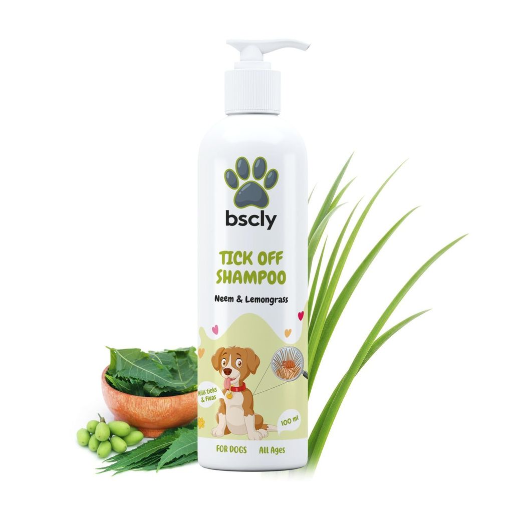 Bscly Tick Off Dog Shampoo - 100ml Ticks & Fleas Prevention - Enriched with Neem & Lemongrass - Moisturizes & Heals Skin - Suitable for Pomeranians to Golden Retrievers
