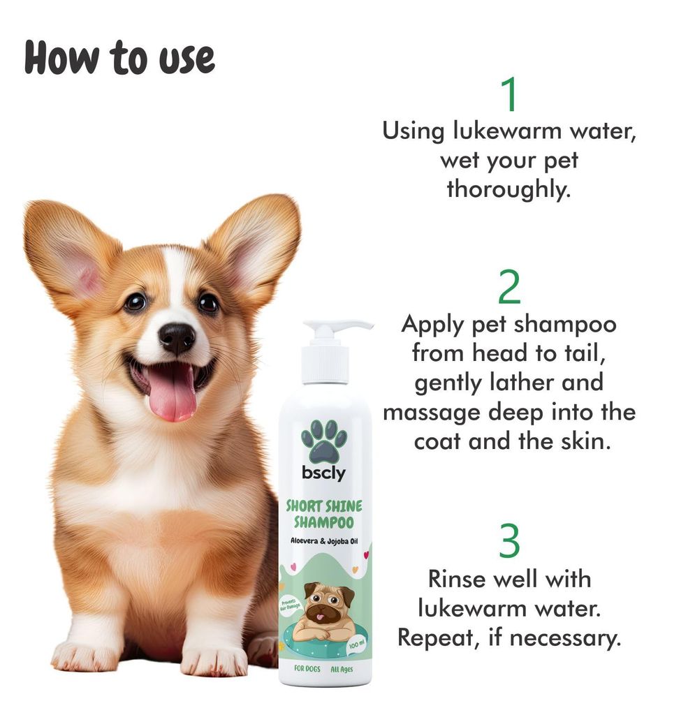 Bscly Short Shine Dog Shampoo - 100ml - Enriched with Aloe Vera & Jojoba Oil - Moisturizes & Heals Skin - Suitable for Pomeranians to Golden Retrievers