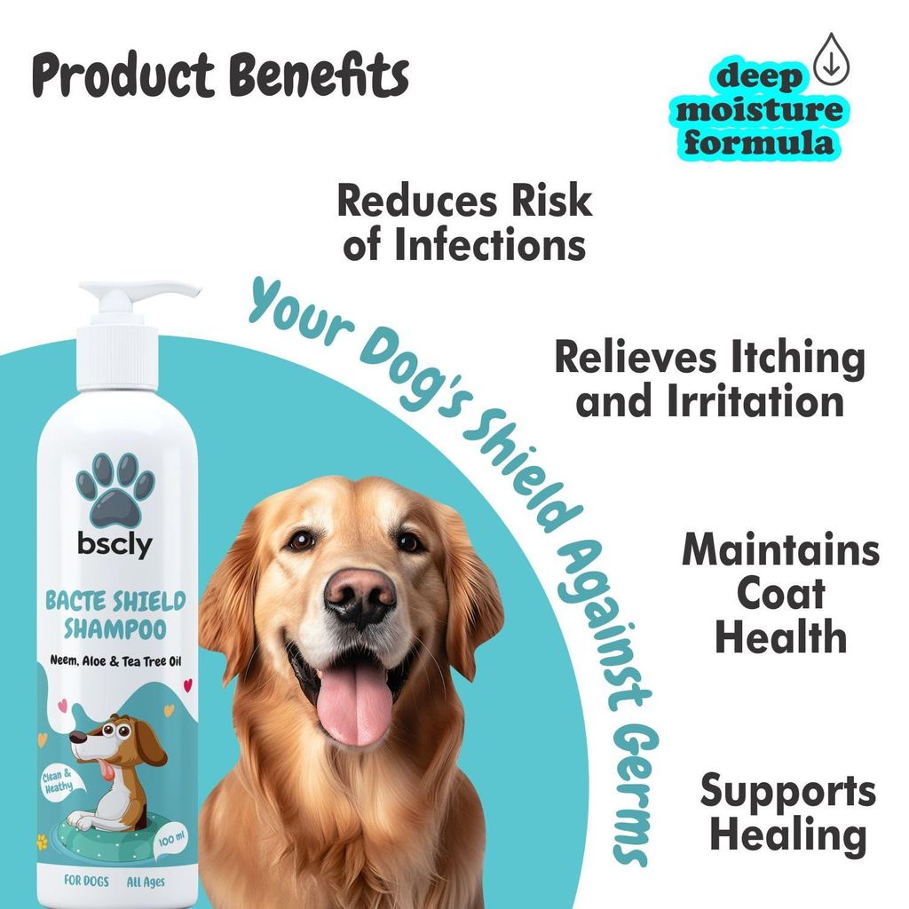 Bscly Bacte Shield Dog Shampoo 100ml | Enriched with Neem, Aloe & Tea Tree Oil | Moisturizes & Heals Skin | Suitable for Pomeranians to Golden Retrievers