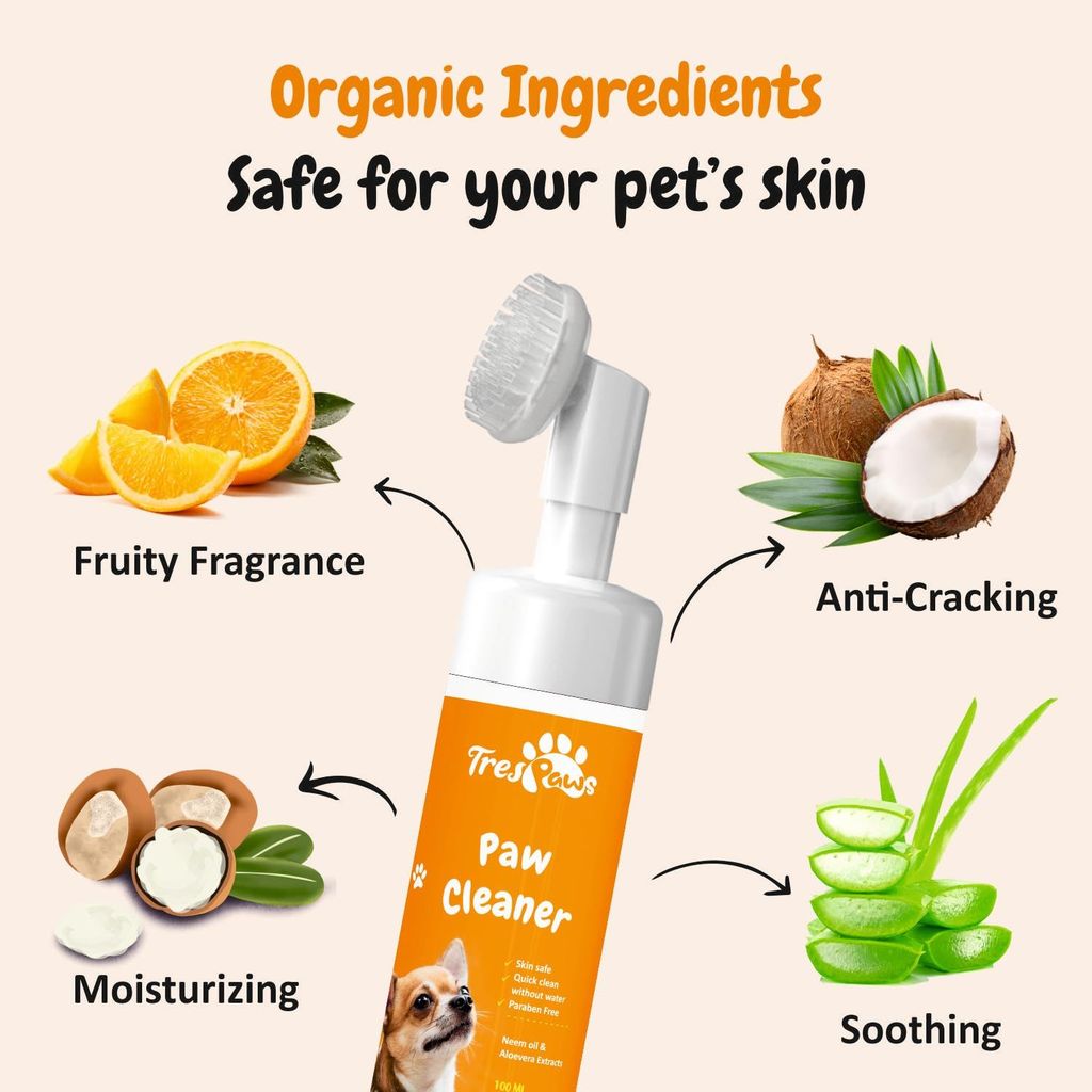 Trespaws Dog Paw Cleaner for Dogs and Cats,Magic Foam - Clean Paws No-Rinse Foaming Cleanser-Dry Shampoo, Silicone Brush for Dogs Cats Feet Cleaning - 120ml