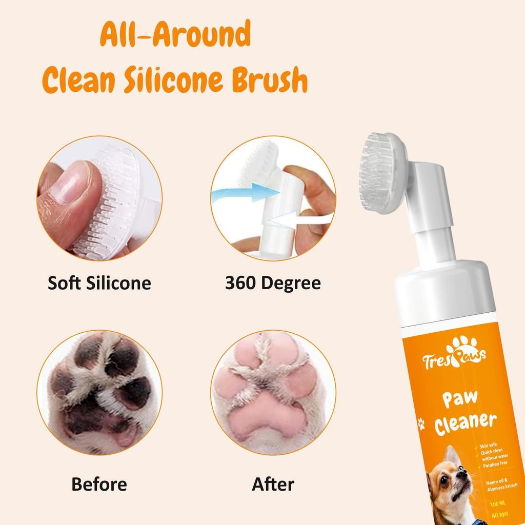 Trespaws Dog Paw Cleaner for Dogs and Cats,Magic Foam - Clean Paws No-Rinse Foaming Cleanser-Dry Shampoo, Silicone Brush for Dogs Cats Feet Cleaning - 120ml