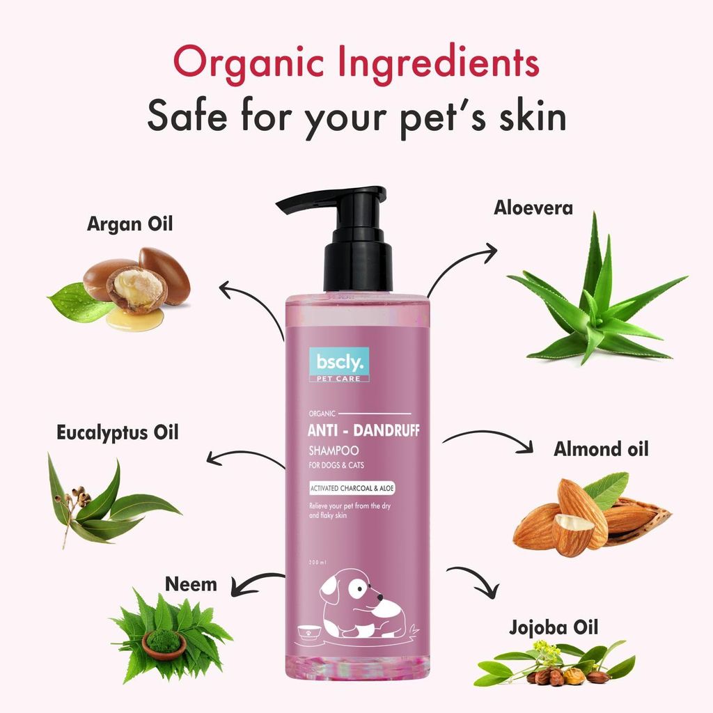 Bscly Anti Dandruff Dog Shampoo with Activated Charcoal & Aloe | Dog Shampoo for Pomeranian, Shih tzu Puppy, German Shepherd, Labrador & Golden Retriever, Dogs Shampoo - 200ml