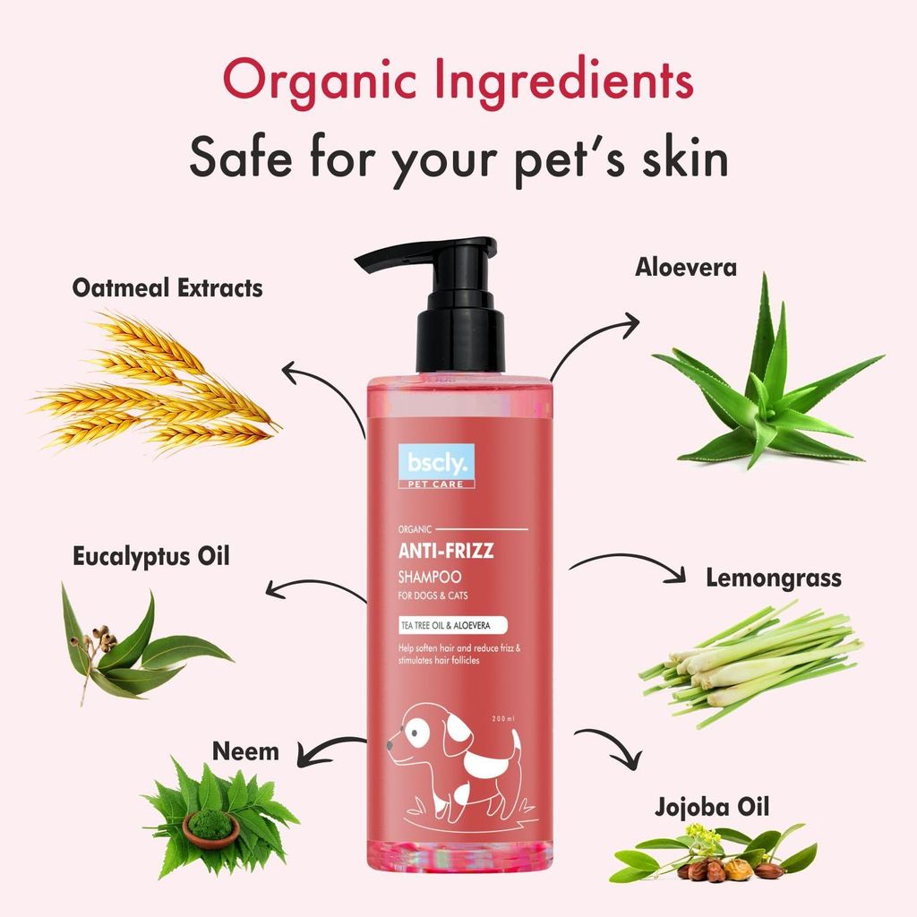 Bscly Anti Frizz Dog Shampoo with Tea Tree Oil & Aloe Vera - 200ml | Dog Shampoo for Pomeranian, Shih tzu Puppy, German Shepherd, Labrador & Golden Retriever, Dogs Shampoo