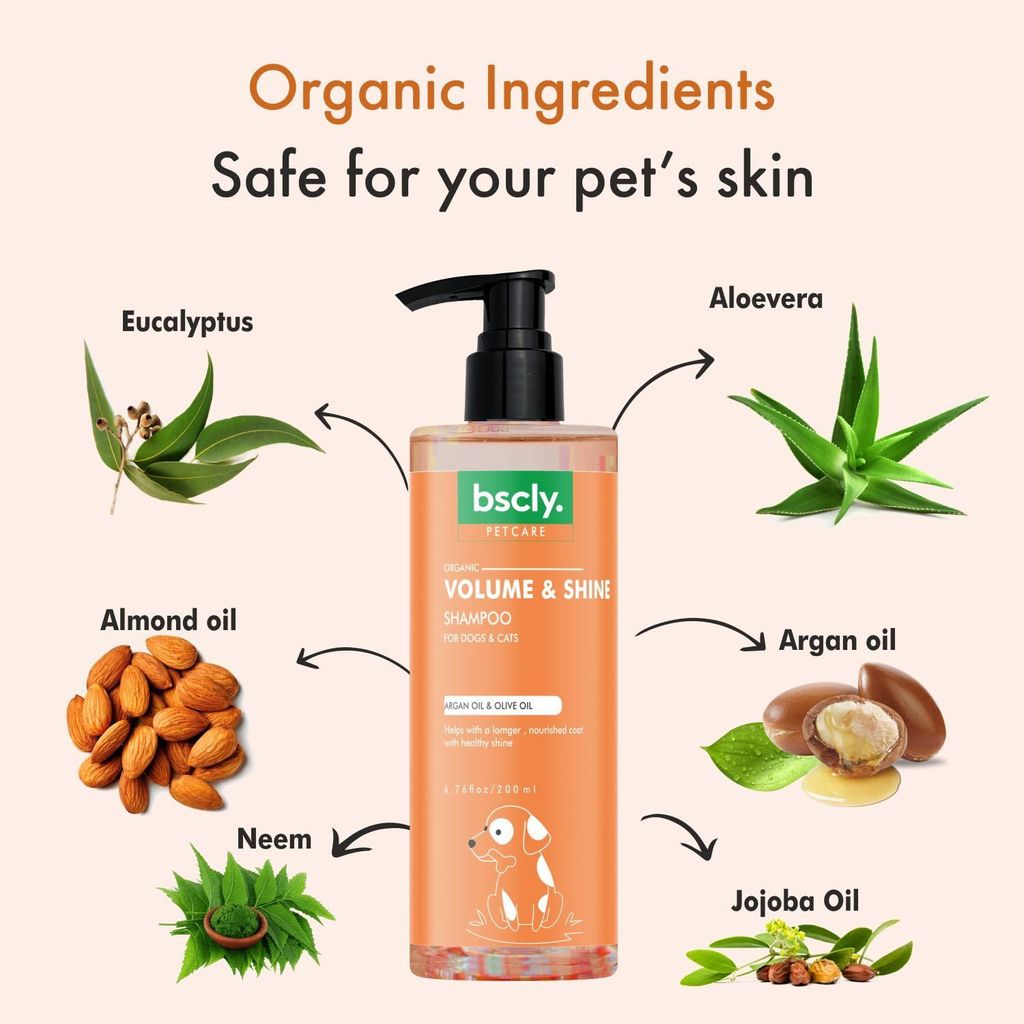 Bscly Volume & Shine with Argan & Olive Oil | Dog Shampoo for Pomeranian, Shih tzu Puppy, German Shepherd, Labrador & Golden Retriever, Dogs Shampoo | 200ml