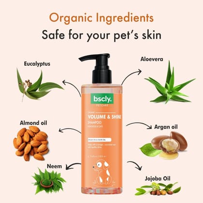Bscly Volume & Shine with Argan & Olive Oil | Dog Shampoo for Pomeranian, Shih tzu Puppy, German Shepherd, Labrador & Golden Retriever, Dogs Shampoo | 200ml