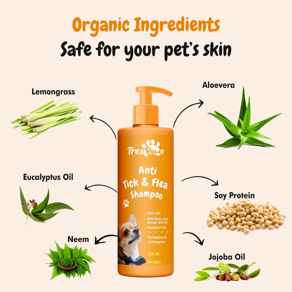 Trespaws Tick & Flea Dog Shampoo with Eucalyptus & Lemongrass | Dog Shampoo for Pomeranian, Shih tzu Puppy, German Shepherd, Labrador & Golden Retriever, Dogs Shampoo | 200ml