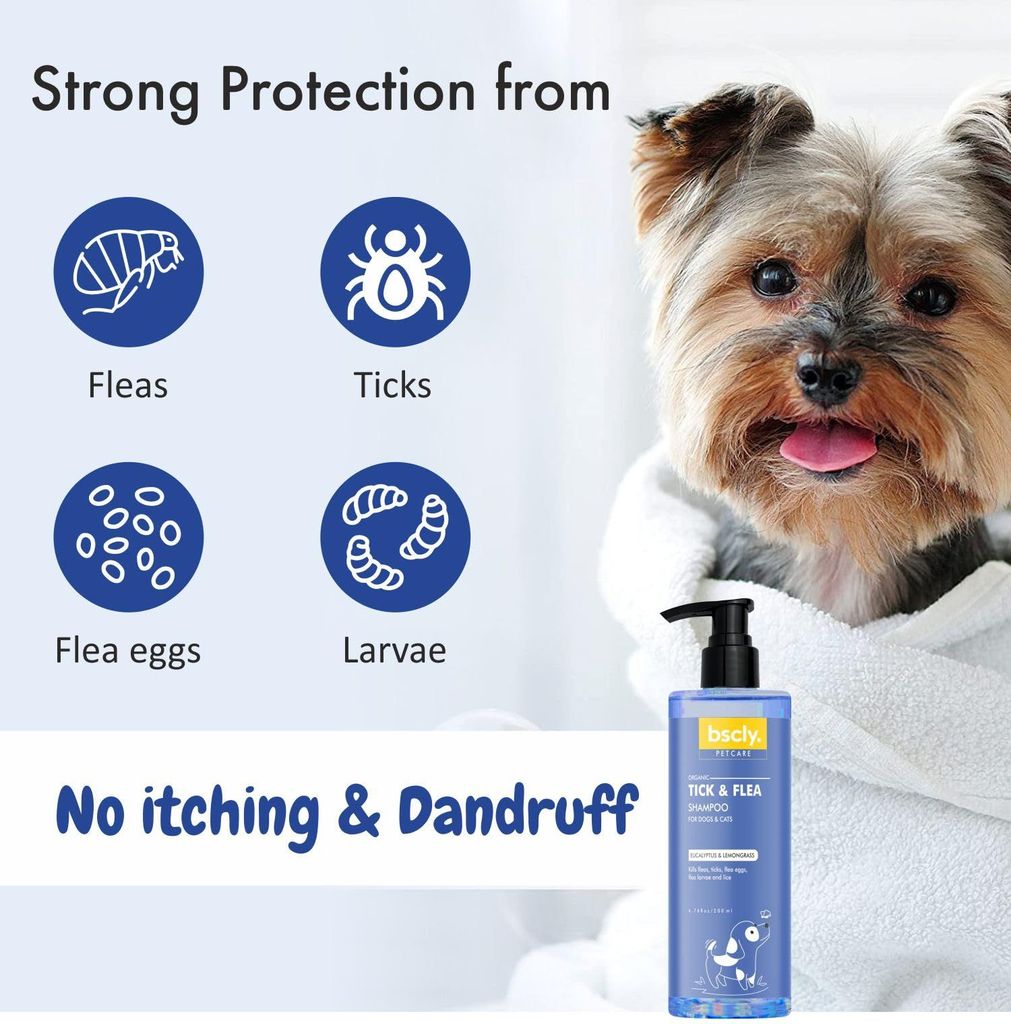 Bscly Tick & Flea Dog Shampoo with Eucalyptus & Lemongrass | Dog Shampoo for Pomeranian, Shih tzu Puppy, German Shepherd, Labrador & Golden Retriever, Dogs Shampoo | 200ml