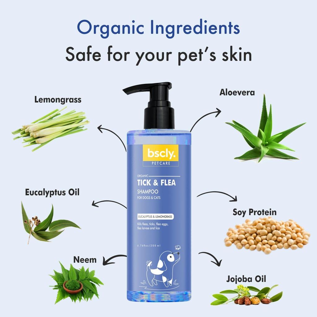 Bscly Tick & Flea Dog Shampoo with Eucalyptus & Lemongrass | Dog Shampoo for Pomeranian, Shih tzu Puppy, German Shepherd, Labrador & Golden Retriever, Dogs Shampoo | 200ml