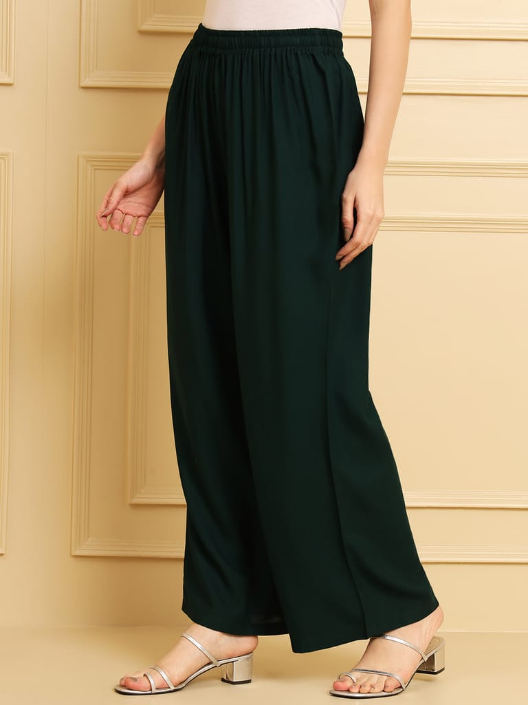 Soft Colors Regular Fit Pocket Palazzo (Bottle Green)