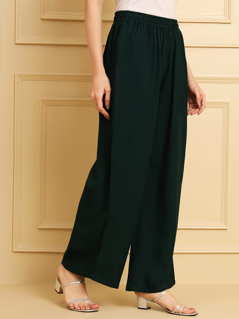 Soft Colors Regular Fit Pocket Palazzo (Bottle Green)