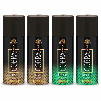 ST-JOHN Cobra Deo Live (2Pcs) and Sport 150 ML (2Pcs)  each Body Deodorant Spray - For Men & Women  (600 ml, Pack of 4)