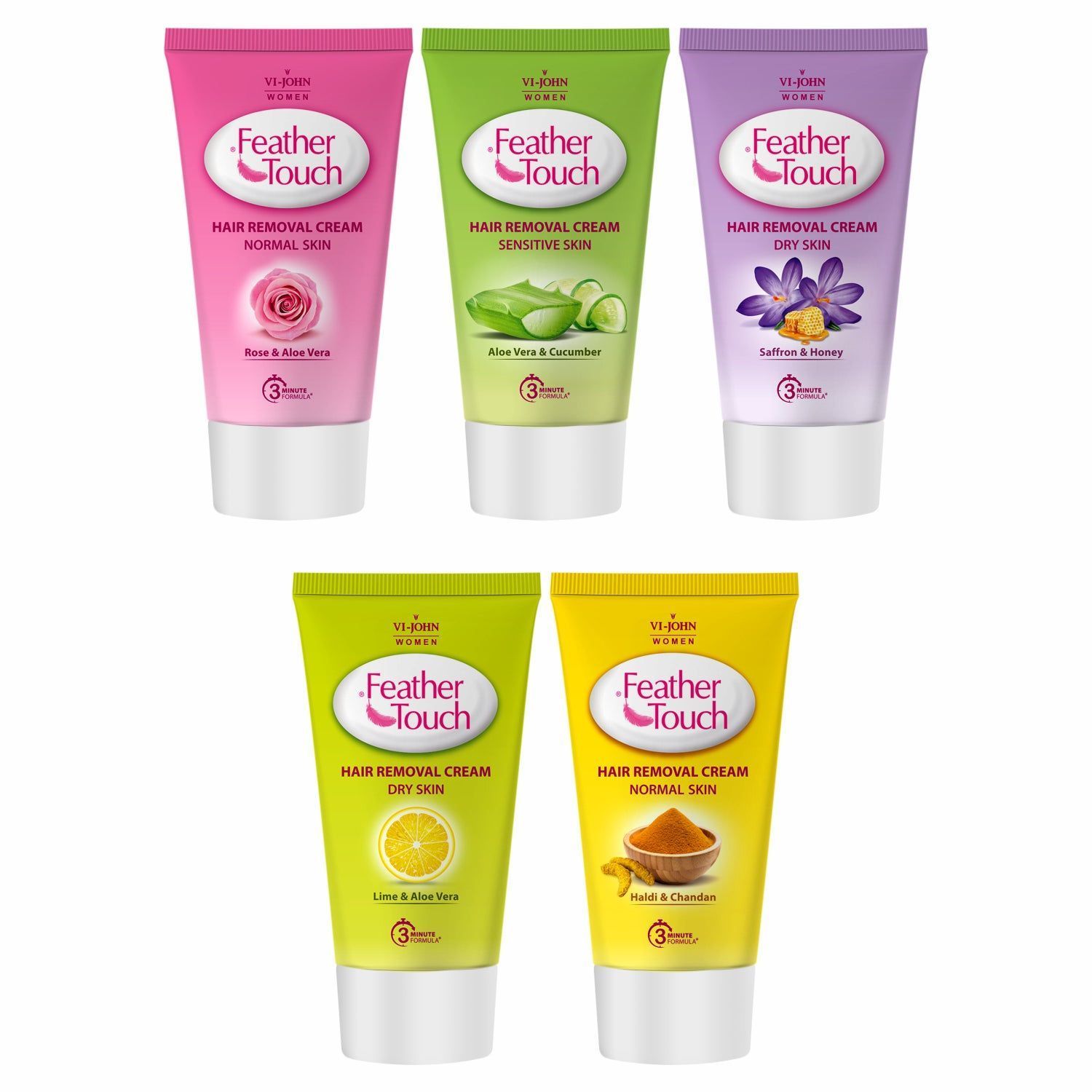 Vi-John Feather Touch Hair Removal Cream Pack Of 5, Rose 40 GM, Sandal 40 GM, Honey 40 GM, Lime 40 GM, Haldi Chandan 40 GM( 200 GM  Set Of 5)