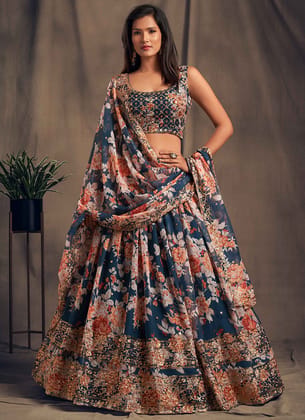Elegant Navy Blue Organza Semi-Stitched Lehenga Choli with Dupatta Set Elegant Navy Blue Organza Semi-Stitched Lehenga Choli with Dupatta Set