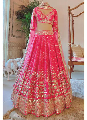 Real Mirror Work Pink Lehenga Design With Phantom Fabric Real Mirror Work Pink Lehenga Design With Phantom Fabric