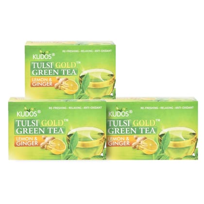 Kudos TULSI GOLD GREEN Refreshing ,Relaxing ,Anti Oxidant Tea :Helps Boost Immunity,Loose Weight,Burn Fat, Zero Calorie Tulsi Tea : 25 Tea Bags X2gram Each (Pack of 3)